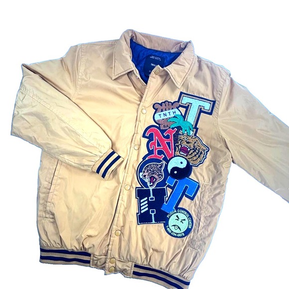 10 Deep Tenth Division Mens Yellow Patchwork Varsity Bomber Jacket Small NY - Picture 5 of 16